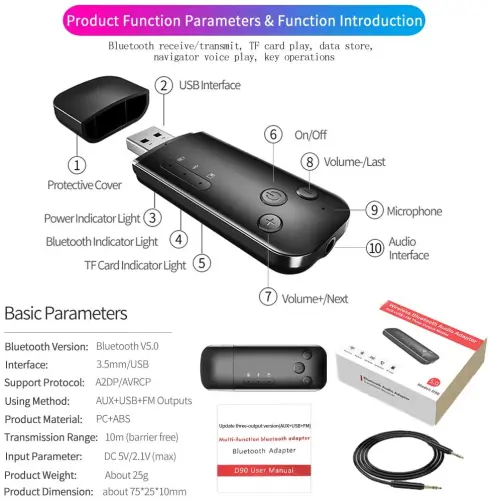 Dutison , émetteur récepteur Bluetooth 5.0, 2-en-1 AUX + USB + sortie FM, adaptateur AUX Bluetooth voiture pour TV, écouteurs, système stéréo domestique et systèmes audio de voiture, etc.