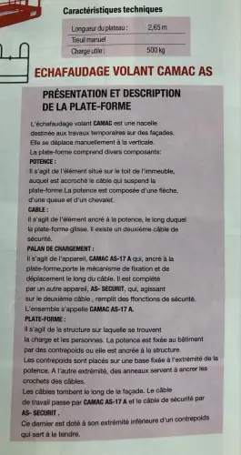 Nacelle échafaudage volant marque CAMAC France